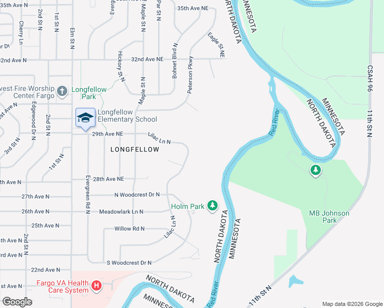 map of restaurants, bars, coffee shops, grocery stores, and more near 2845 Lilac Lane North in Fargo