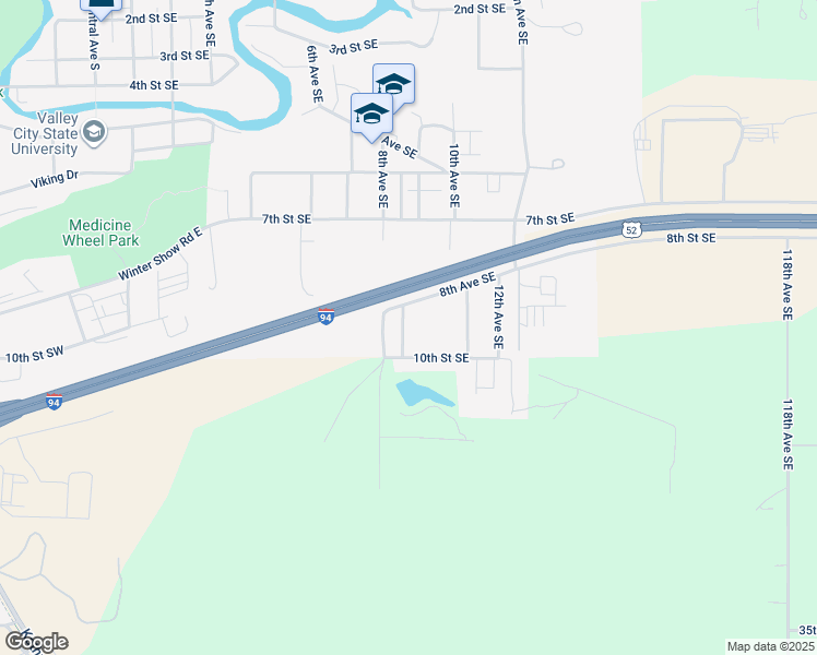 map of restaurants, bars, coffee shops, grocery stores, and more near 905 9th Avenue Southeast in Valley City