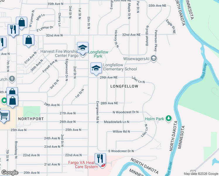 map of restaurants, bars, coffee shops, grocery stores, and more near 2837 Longfellow Rd in Fargo