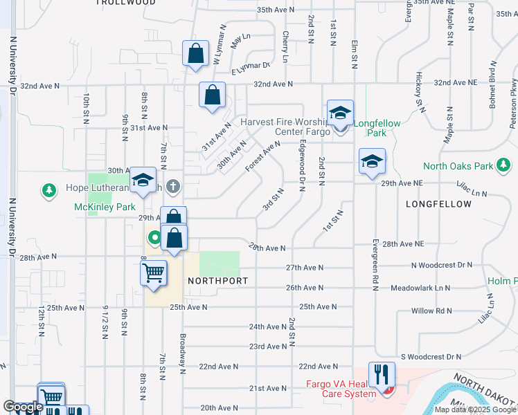 map of restaurants, bars, coffee shops, grocery stores, and more near 2902 3rd Street North in Fargo