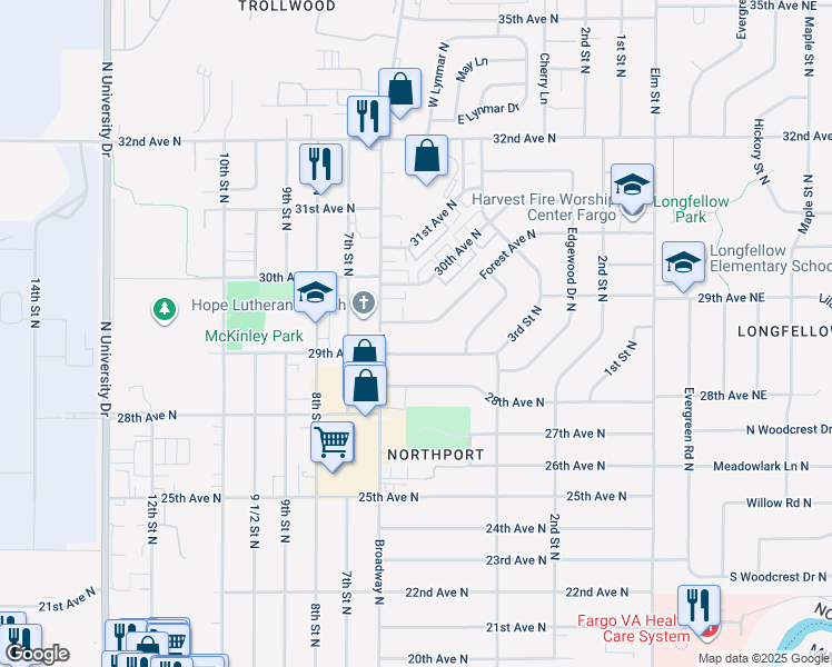map of restaurants, bars, coffee shops, grocery stores, and more near 509 29th Avenue North in Fargo
