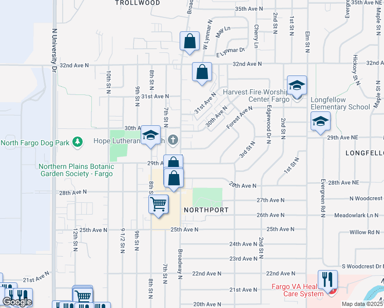 map of restaurants, bars, coffee shops, grocery stores, and more near 509 29th Avenue North in Fargo