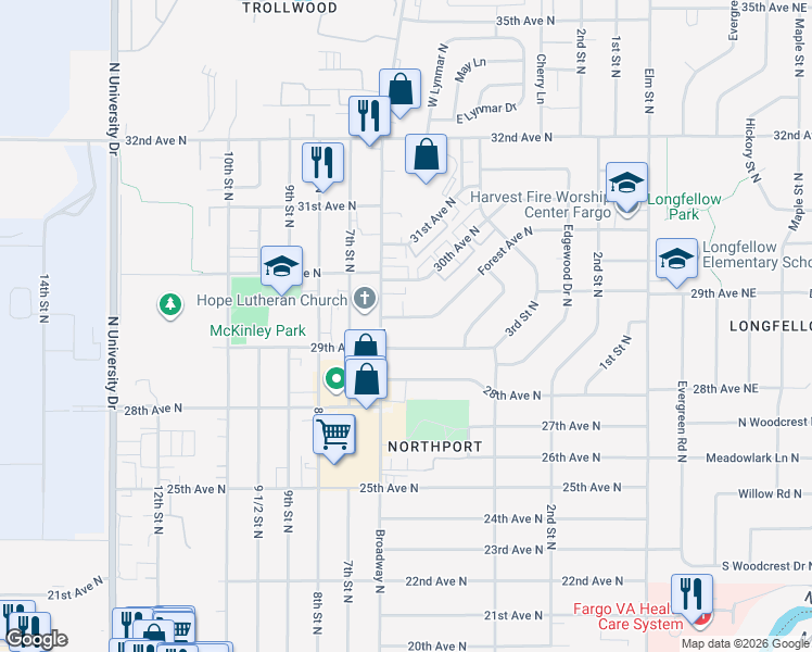 map of restaurants, bars, coffee shops, grocery stores, and more near 510 Forest Avenue North in Fargo