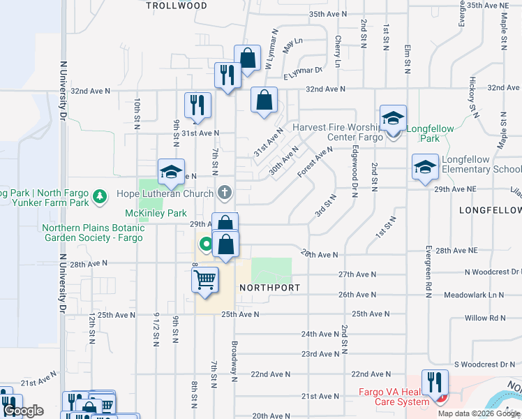 map of restaurants, bars, coffee shops, grocery stores, and more near 509 29th Avenue North in Fargo