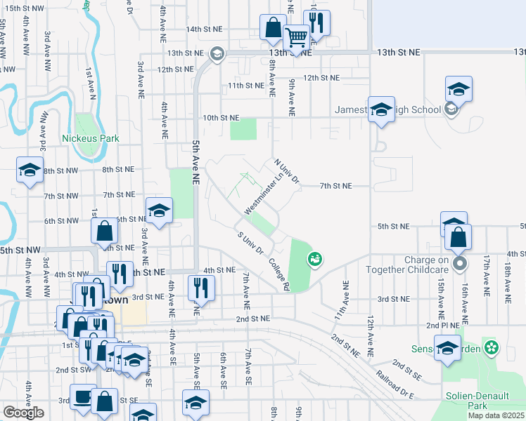 map of restaurants, bars, coffee shops, grocery stores, and more near 614 Westminster Lane in Jamestown