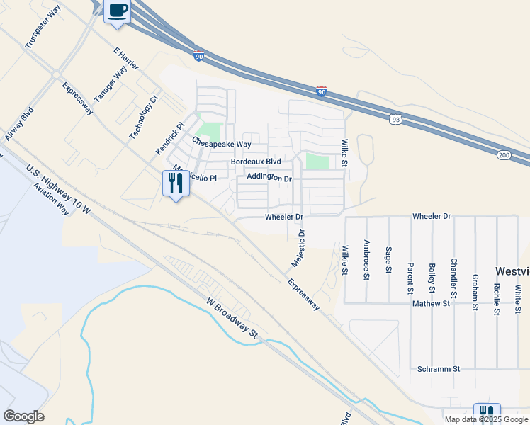 map of restaurants, bars, coffee shops, grocery stores, and more near 4395 Storehouse Way in Missoula