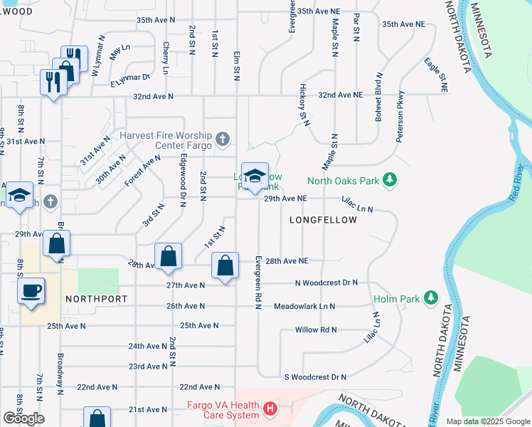 map of restaurants, bars, coffee shops, grocery stores, and more near 2832-2838 Evergreen Road North in Fargo