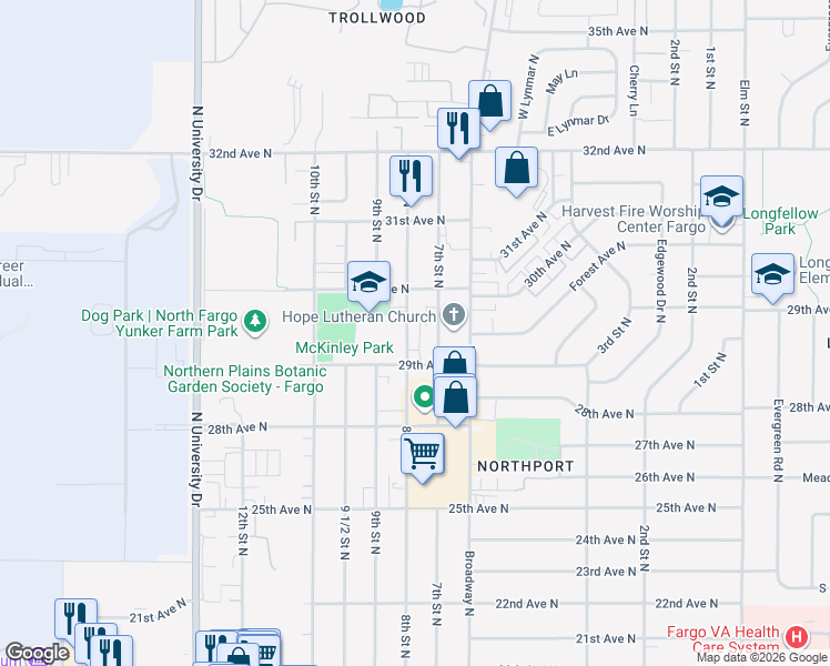 map of restaurants, bars, coffee shops, grocery stores, and more near 2908 7th Street North in Fargo