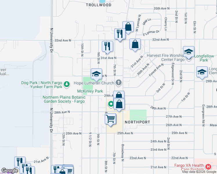 map of restaurants, bars, coffee shops, grocery stores, and more near 2908 7th Street North in Fargo