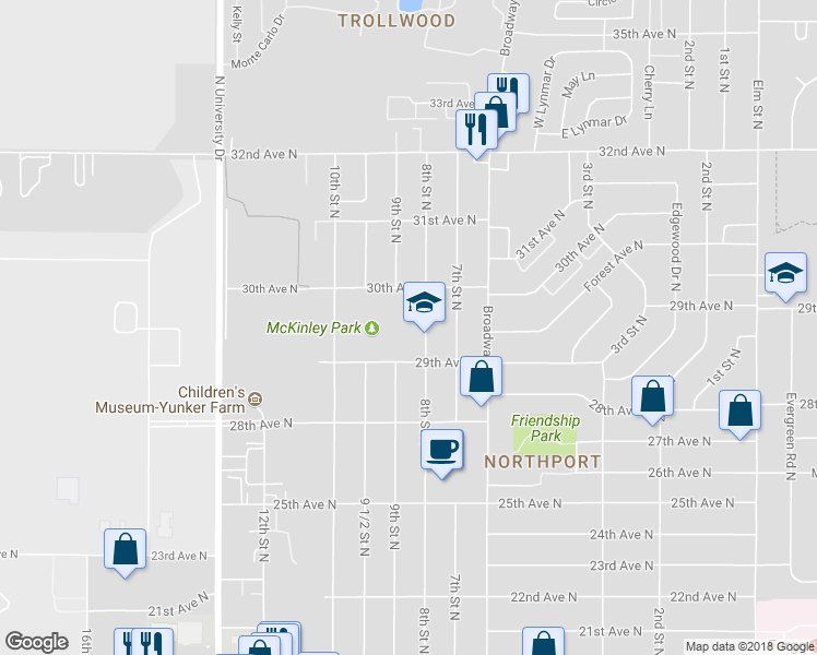 map of restaurants, bars, coffee shops, grocery stores, and more near 2930 8th Street North in Fargo