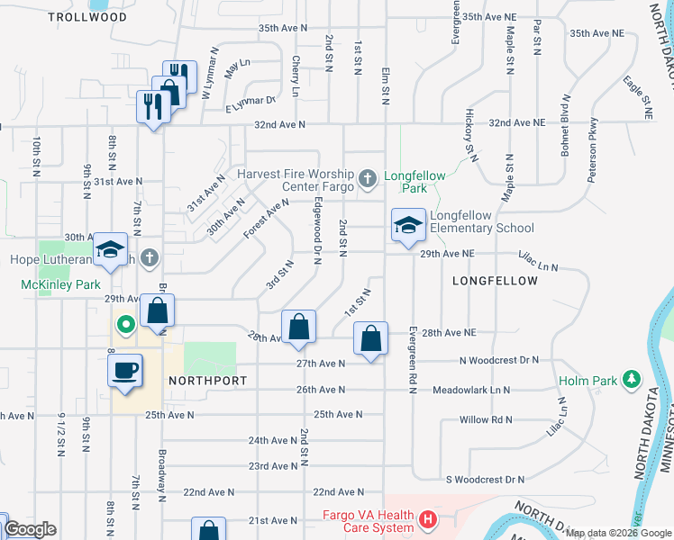map of restaurants, bars, coffee shops, grocery stores, and more near 2845 2nd St N in Fargo