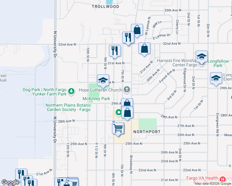map of restaurants, bars, coffee shops, grocery stores, and more near 2919 8th Street North in Fargo