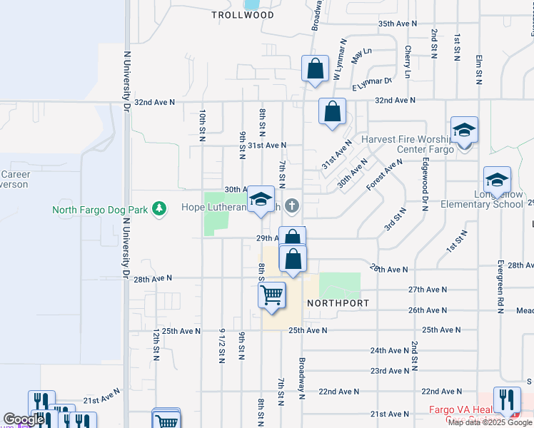 map of restaurants, bars, coffee shops, grocery stores, and more near 2919 8th Street North in Fargo