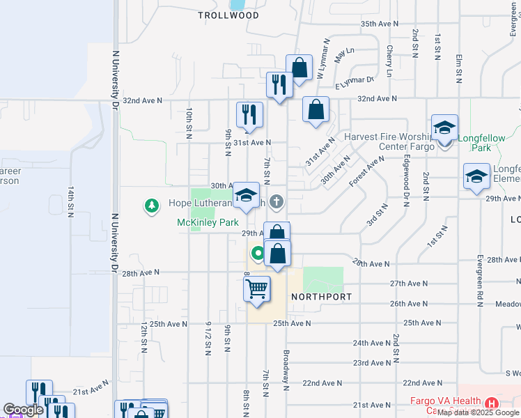map of restaurants, bars, coffee shops, grocery stores, and more near 2908 7th Street North in Fargo