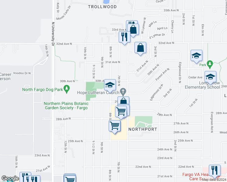 map of restaurants, bars, coffee shops, grocery stores, and more near 2908 7th Street North in Fargo