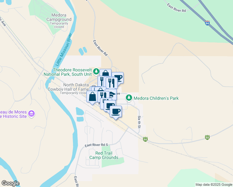 map of restaurants, bars, coffee shops, grocery stores, and more near in Medora