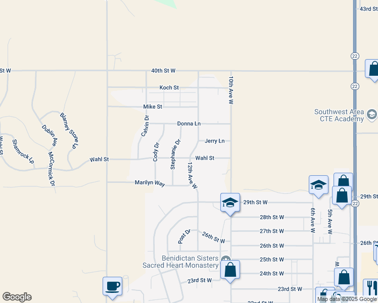 map of restaurants, bars, coffee shops, grocery stores, and more near 3265 12th Avenue West in Dickinson