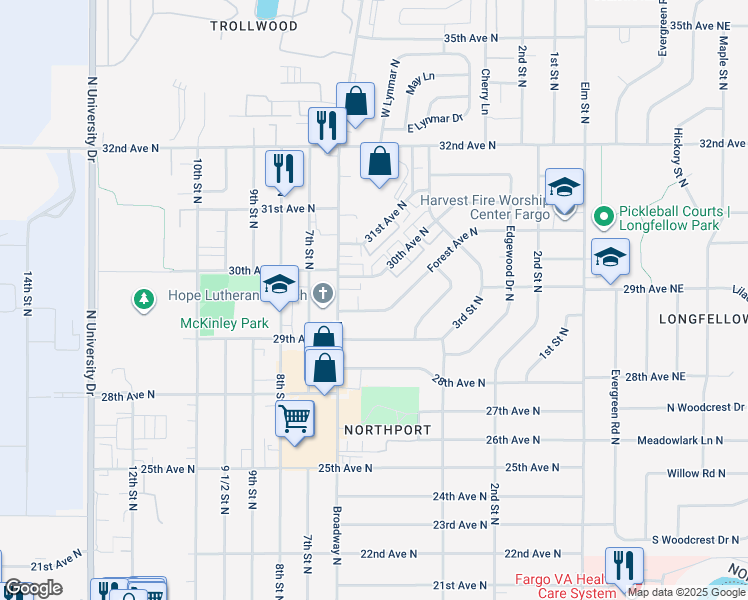 map of restaurants, bars, coffee shops, grocery stores, and more near 512-514 30th Avenue North in Fargo
