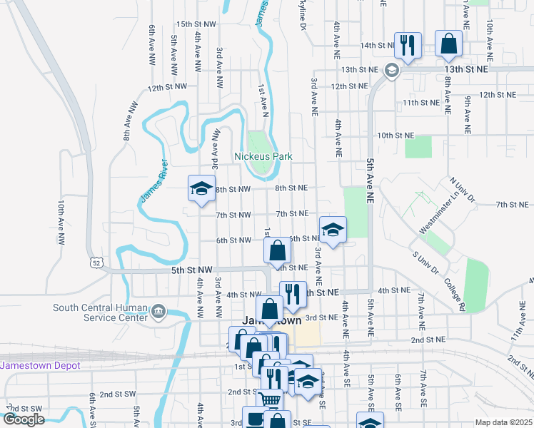 map of restaurants, bars, coffee shops, grocery stores, and more near 100 7th Street Northwest in Jamestown