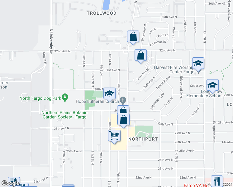 map of restaurants, bars, coffee shops, grocery stores, and more near 2940 7th Street North in Fargo