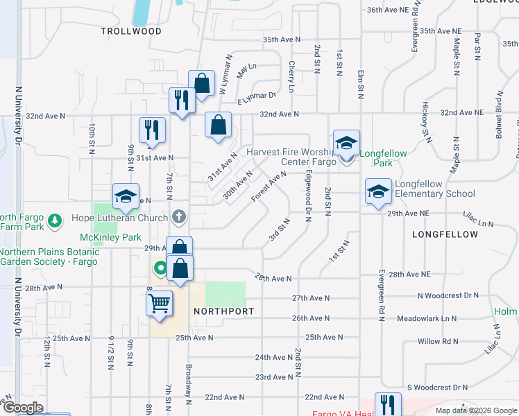 map of restaurants, bars, coffee shops, grocery stores, and more near 2948 Edgemont Street North in Fargo