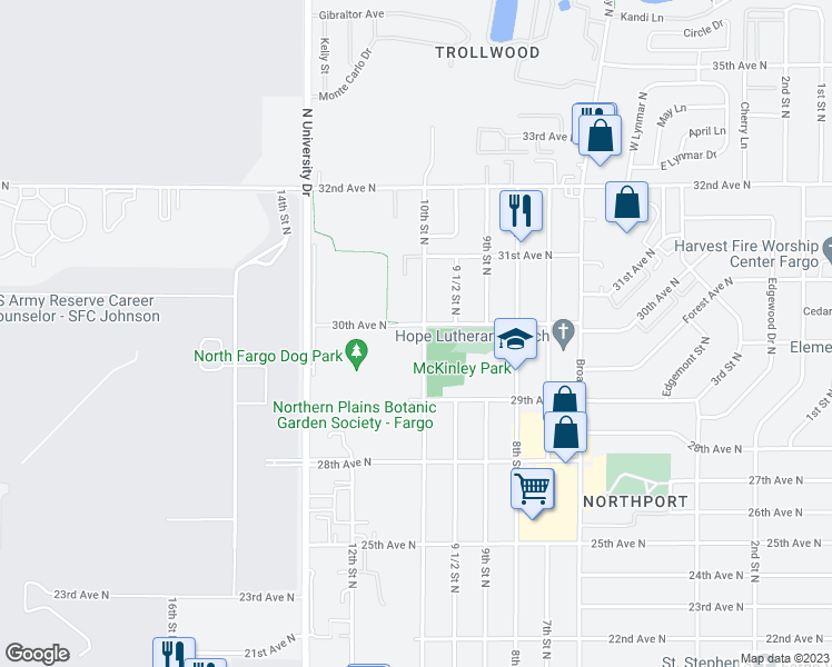 map of restaurants, bars, coffee shops, grocery stores, and more near 2934 10th Street North in Fargo
