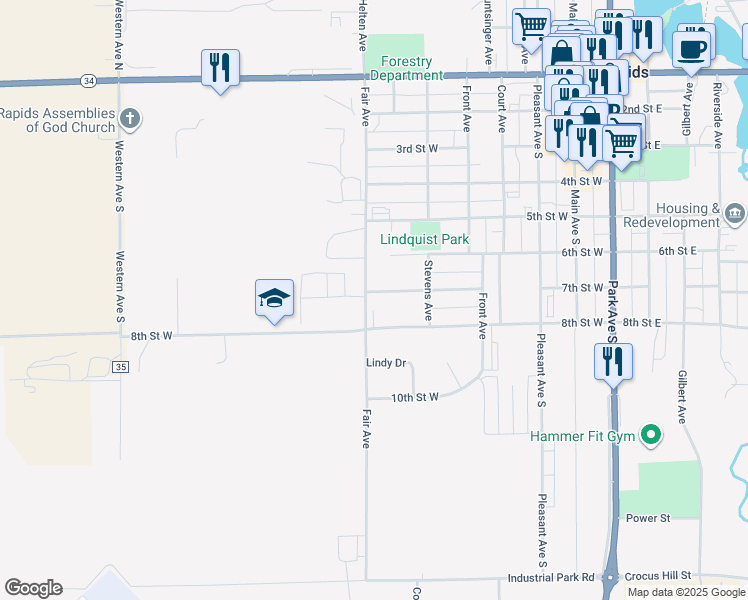 map of restaurants, bars, coffee shops, grocery stores, and more near 610 7th Street West in Park Rapids