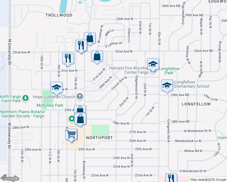 map of restaurants, bars, coffee shops, grocery stores, and more near 2948 Edgemont Street North in Fargo