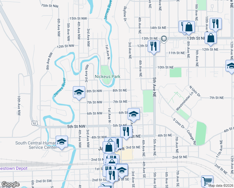 map of restaurants, bars, coffee shops, grocery stores, and more near 719 2nd Avenue Northeast in Jamestown