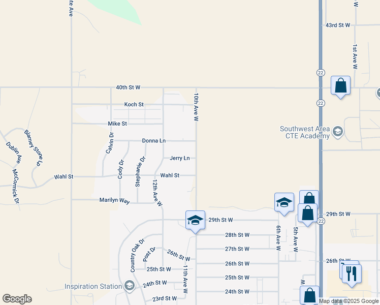 map of restaurants, bars, coffee shops, grocery stores, and more near 2785 10th Avenue West in Dickinson