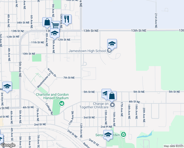 map of restaurants, bars, coffee shops, grocery stores, and more near 800 12th Avenue Northeast in Jamestown