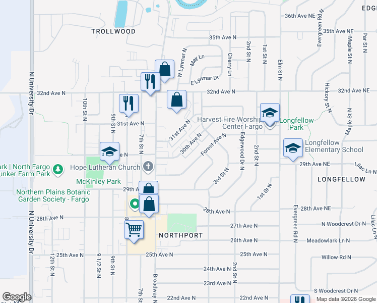 map of restaurants, bars, coffee shops, grocery stores, and more near 337 Forest Avenue North in Fargo
