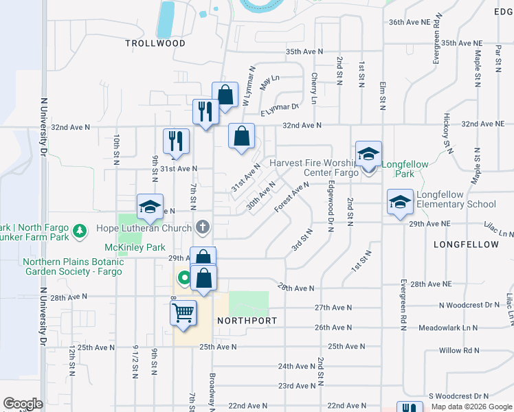 map of restaurants, bars, coffee shops, grocery stores, and more near 337 Forest Avenue North in Fargo