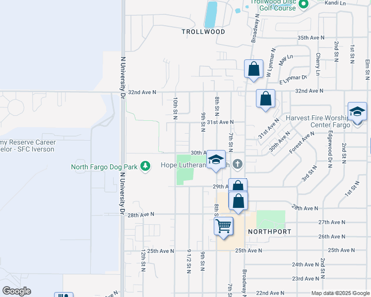 map of restaurants, bars, coffee shops, grocery stores, and more near 3012 9 1/2 Street North in Fargo