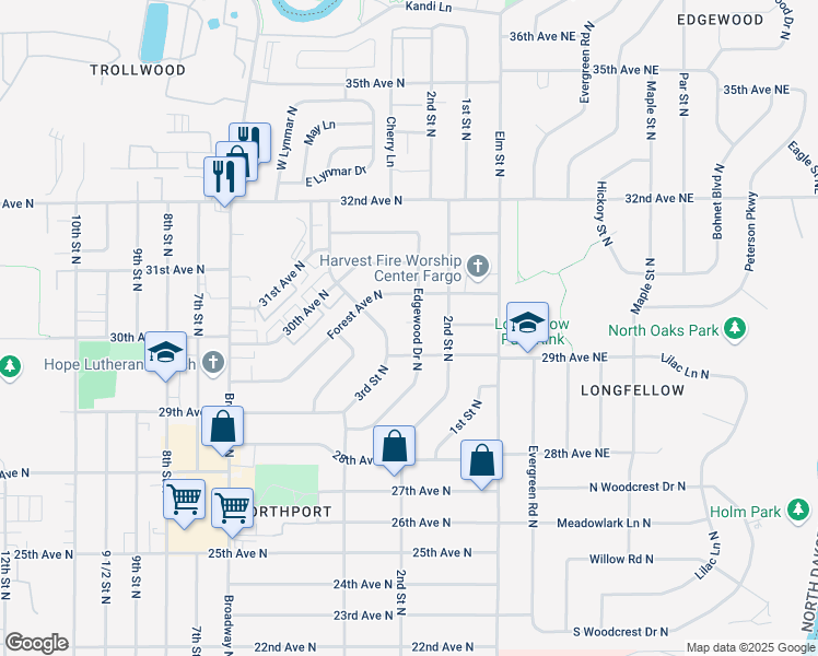 map of restaurants, bars, coffee shops, grocery stores, and more near 2906 Edgewood Drive North in Fargo