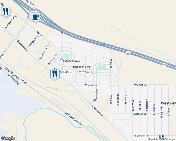 map of restaurants, bars, coffee shops, grocery stores, and more near 4401 Addington Drive in Missoula