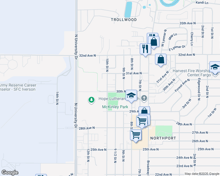 map of restaurants, bars, coffee shops, grocery stores, and more near 2934 10th Street North in Fargo