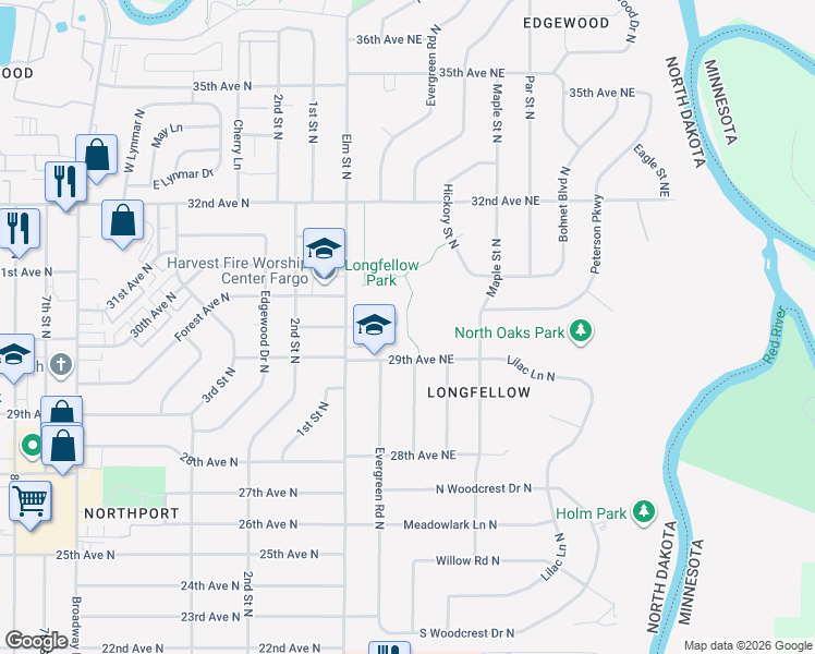 map of restaurants, bars, coffee shops, grocery stores, and more near 20 29th Avenue Northeast in Fargo