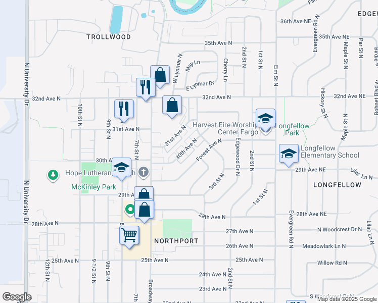 map of restaurants, bars, coffee shops, grocery stores, and more near 320 30th Avenue North in Fargo