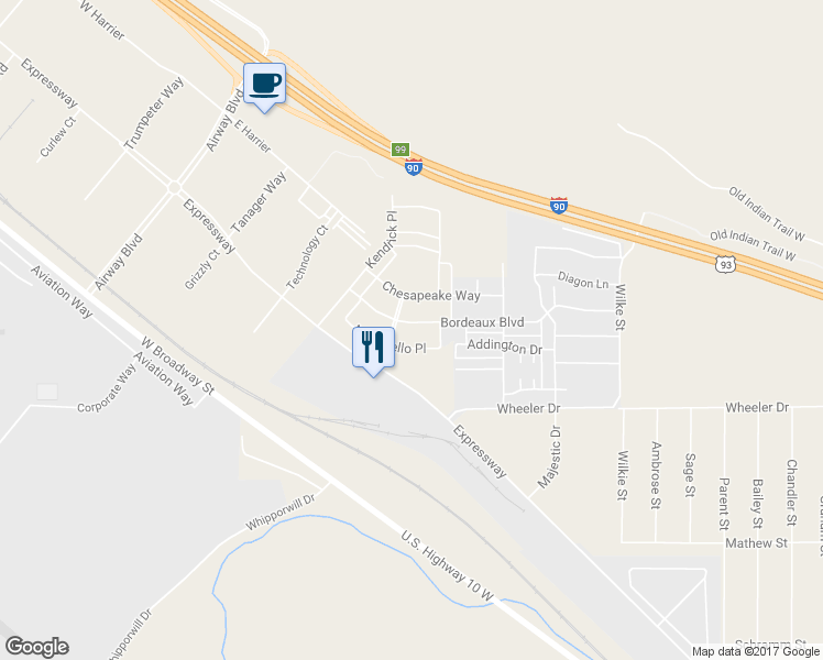 map of restaurants, bars, coffee shops, grocery stores, and more near 4601 Bordeaux Boulevard in Missoula
