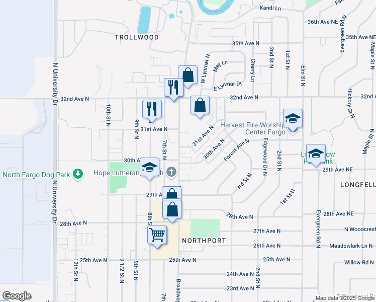 map of restaurants, bars, coffee shops, grocery stores, and more near 512-514 30th Avenue North in Fargo