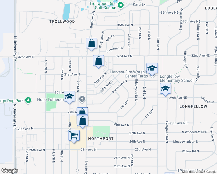 map of restaurants, bars, coffee shops, grocery stores, and more near 320 30th Avenue North in Fargo