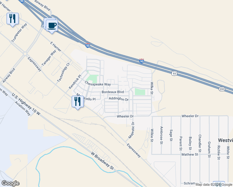 map of restaurants, bars, coffee shops, grocery stores, and more near 4403 Bordeaux Boulevard in Missoula