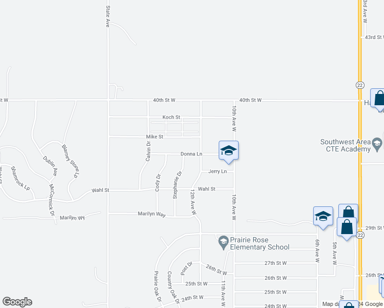 map of restaurants, bars, coffee shops, grocery stores, and more near Donna Lane in Dickinson