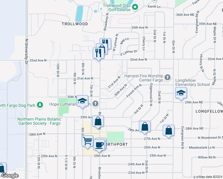 map of restaurants, bars, coffee shops, grocery stores, and more near 3105 Broadway North in Fargo