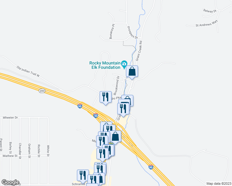 map of restaurants, bars, coffee shops, grocery stores, and more near 5508 Brookwood Drive in Missoula