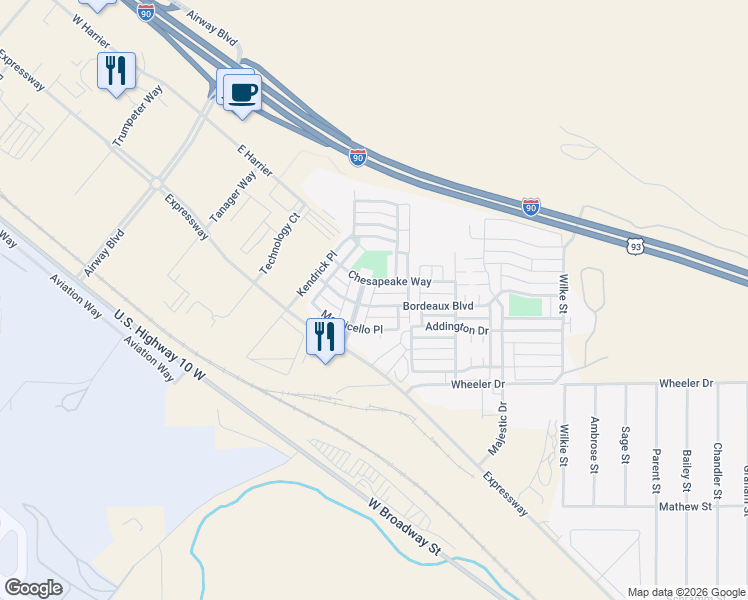 map of restaurants, bars, coffee shops, grocery stores, and more near 4633 Chesapeake Way in Missoula