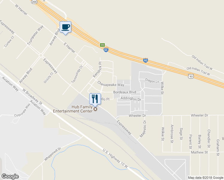 map of restaurants, bars, coffee shops, grocery stores, and more near 4664 Bordeaux Boulevard in Missoula