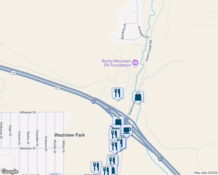 map of restaurants, bars, coffee shops, grocery stores, and more near 3000-3098 Expo Parkway in Missoula