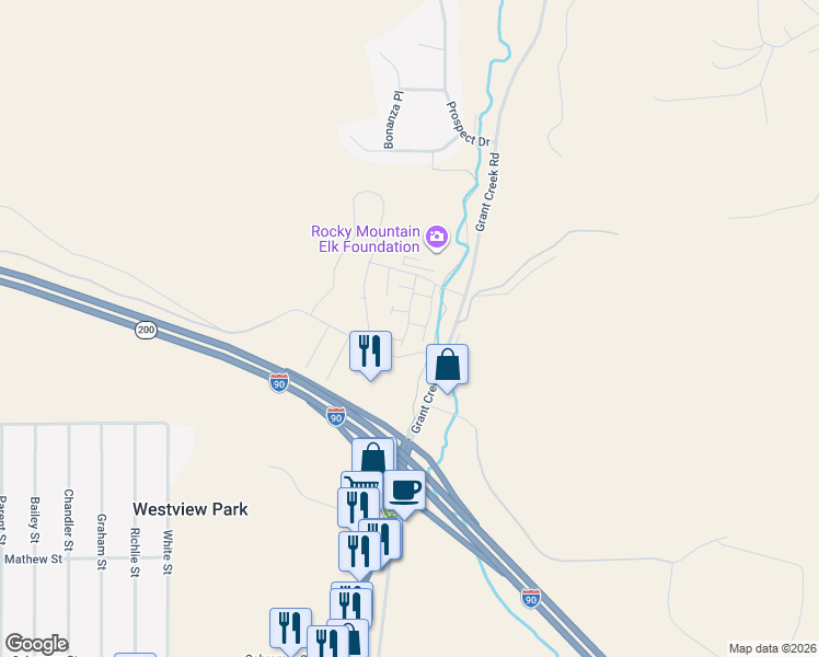map of restaurants, bars, coffee shops, grocery stores, and more near 2803 Rockridge Court in Missoula